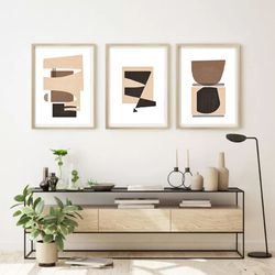 set of 3 prints, ceometric poster, download wall art, minimalist art, living room decor, large print, brown abstract art