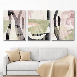 Living Room Wall Art, Abstract Triptych, Large Prints, Modern Home Decor, Set Of 3 Posters, Green Pink, Downloadable Art