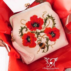 Poppies and Bumblebee Handmade Summer Crossbody Bag with Beads Embroidery