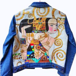 Gustav Klimt Painted denim jacket Custom jacket Portrait from photo Personalized order denim jacket shirt