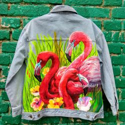 Flamingo Painted denim jacket birds Jeans jacket Portrait Personalized jacket