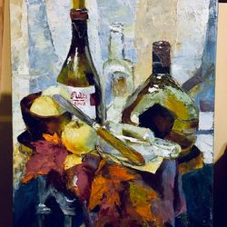 autumn still life with bottles apples and leaves . oil painting . wall art. 10 bu 14 inch