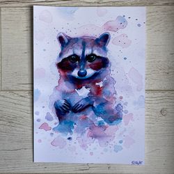 Raccoon Watercolor Print, Mysterious Watercolor Raccoon, Poster Art, Cottagecore Decor, Galaxy Raccoon Art, A4 Print