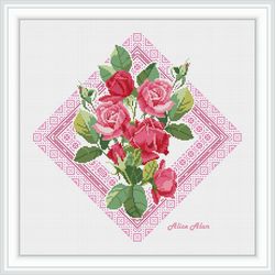 Cross stitch pattern Roses flowers frame ornamet  with effect lace nature panel counted crossstitch pattern Download PDF