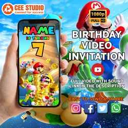 super mario video invitation, super mario digital invite, birthday, party, fun,, video invite, mario, luigi, peach