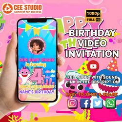 Animated Baby Shark Birthday Invitation, Girl Baby Shark Invitation Video, Cute Baby Shark Video Invitation, Blue Baby