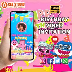 animated baby shark birthday invitation, girl baby shark invitation video, cute baby shark video invitation, blue baby