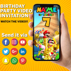 Super Mario Video Invitation, Super Mario digital invite, birthday, party, fun,, video invite, Mario, Luigi, Peach