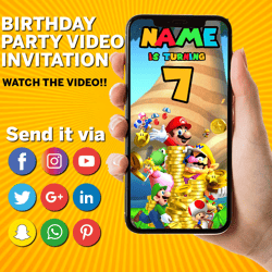super mario video invitation, super mario digital invite, birthday, party, fun,, video invite, mario, luigi, peach