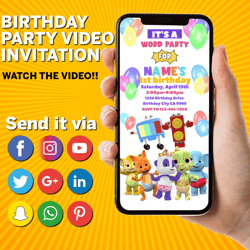 word party invitation, word party birthday invitation, word party video invite, word party animated invitation