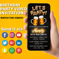 Digital Let's Party Beer Birthday Invitation, Electronic Beer E Invite, Men Birthday Video Invitation, Editable