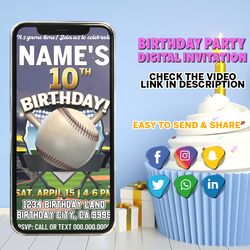 Baseball Birthday Party Video Invitation, all star video invite, mlb wiffle ball softball birthday video evite