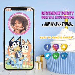 Bluey birthday Invitation, Bluey video invitation, bluey Bingo invitation, with free thank you tag, Video birthday