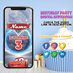 cars video invitation, cars birthday invitation, cars invitation, lightning mcqueen invitation, personalized, cars