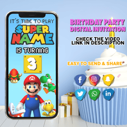 Super Mario VIDEO invitation, Super Mario birthday invitation video, Super Mario Birthday Invitation, Luigi, Digital