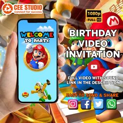 super mario video invitation, super mario birthday invitation video, super mario birthday invitation, luigi, digital