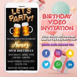 digital let's party beer birthday invitation, electronic beer e invite, men birthday video invitation, editable