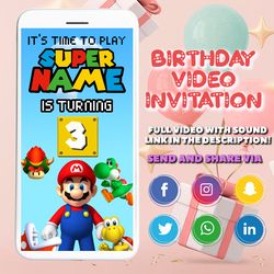 super mario video invitation, super mario birthday invitation video, super mario birthday invitation, luigi, digital