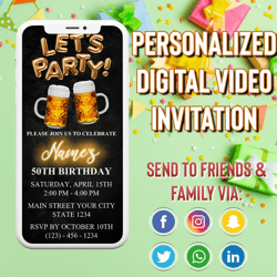 digital let's party beer birthday invitation, electronic beer e invite, men birthday video invitation, editable