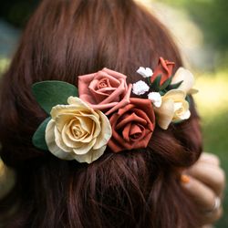burnt orange wedding floral hair comb, fall hair comb. terracotta wedding and yellow hair comb.
