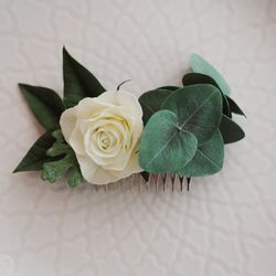 Ivory rose eucalyptus hair comb. Boho wedding hair piece. Greenery bridal hair comb.