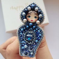 Nesting doll jewelry brooch, blue jewelry, matryoshka beaded pin
