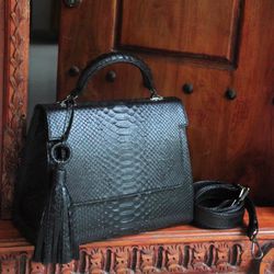 Top handle classy black classy elebant formal genuine python skin bag | exotic leather bags | snake skin bag