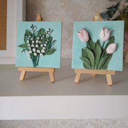 Set of two mini paintings on easels with tulips and lilies of the valley Mother's day gift Spring small floral painting