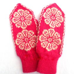 Women's mittens hand knit Scandinavian mittens with birds and flowers pink white winter mittens Valentine's gift for Her