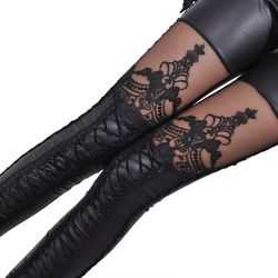 Faux Leather Womens Corset Leggings | Halloween womens costume gothic | Lace up mesh embroidered pants goth