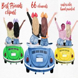 best friends clipart: "girls adventures" retro beetle car custom besties soul sisters bridesmaid gift mug girl illustrat