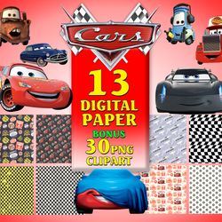 13 cars digital paper clipart, lightning mcqueen cars printable scrapbook paper, cars clipart, cars png