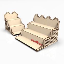 laser cut file craft stand display, merchandise tiered shelving. vector dxf files for laser. glowforge svg laser cutting
