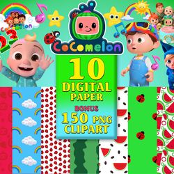 10 cocomelon digital paper clipart, watermelon rainbow, cocomelon font, cocomelon family, cocomelon characters png