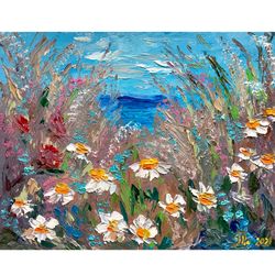 Wildflowers Painting Original Art Floral Oil Painting Small Original Art Flowers Oil Artwork Seascape Painting Landscape