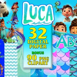 32 luca digital paper, mermaid scales font, paper pack, luca pattern, silenzio bruno, luca birthday party