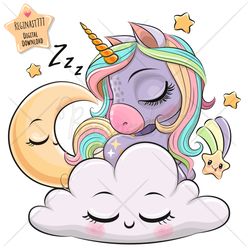 cute cartoon unicorn png, clipart, sublimation design, children printable, sleeping, clip art