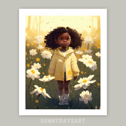 Cute black girl poster, black girl and daffodils, girl room decor, printable art, yellow decor for children room.
