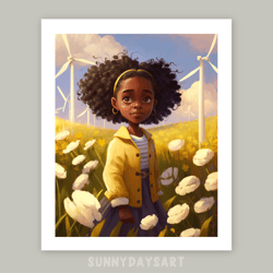 Cute black girl poster, black girl with windmills, girl room decor, printable art, yellow decor for children room.