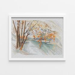 fall forest cross stitch pattern, nature cross stitch chart, forest landscape cross stitch pdf, counted cross stitch