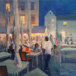 Urban Painting evening cafe cityscape. Canvas art