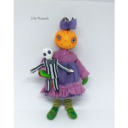 OOAK Pumpkin Girl and Skeleton Halloween dolls / miniature dollhouse artist made