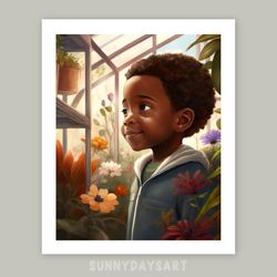 cute black boy poster, black boy in the greenhouse, boy room decor, printable art, cute art for children room, boy art.