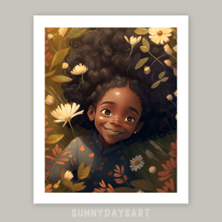 Cute black girl poster, black girl and wildflowers, girl room decor, printable art, cute art for children room.