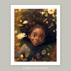 cute black girl poster, black girl and wildflowers, girl room decor, printable art, cute art for children room.