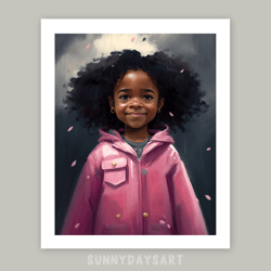 Cute black girl poster, black girl in a raincoat, girl room decor, printable art, pink decor for children room, pink art