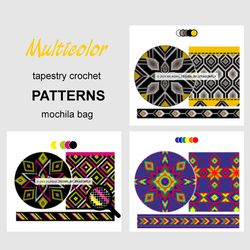Colombian ethnic shoulder bag, 3 crochet patterns - Multicolor