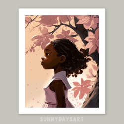 Cute black girl poster, black girl under magnolia tree, girl room decor, printable art, pink decor for children room