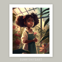 Cute black girl poster, black girl in the greenhouse, girl room decor, printable art, pink decor for children room
