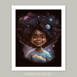 Cute black girl poster, black girl with a galaxy in her hair, girl room decor, printable art, decor for children room